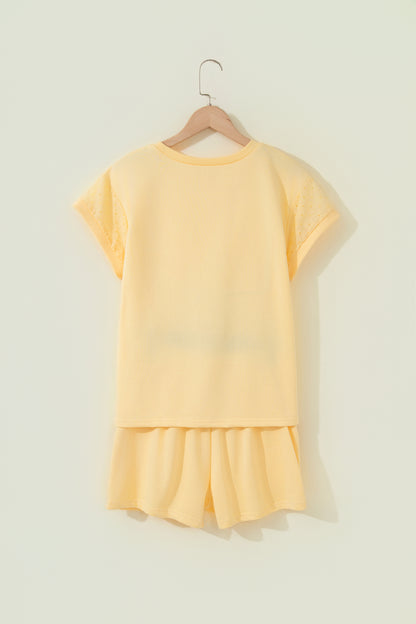 Solid Embroidered Eyelet Patchwork Top & Shorts Set