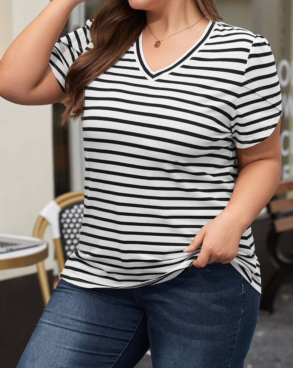 Stripe Petal Sleeve V-Neck T-Shirt Plus Size