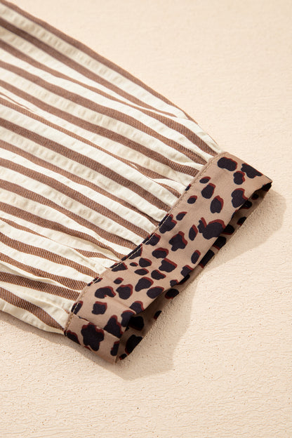 Stripe Leopard Trim 3/4 Sleeve Midi Shirt Dress