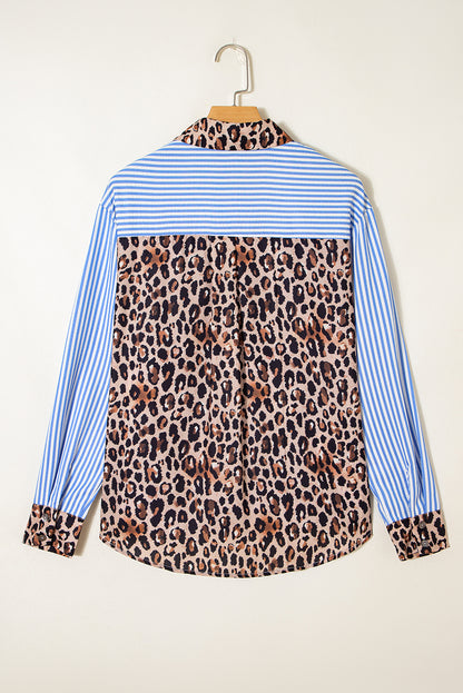 Stripe Leopard Patchwork Button-Up Shirt
