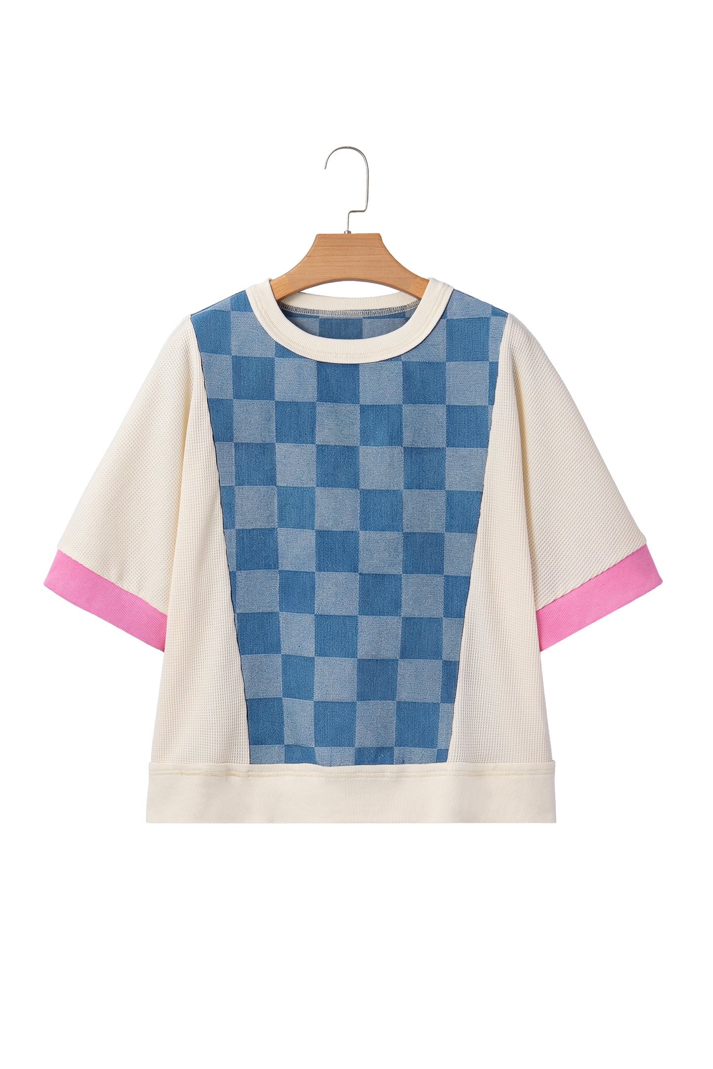 Checker Denim Patchwork Short Sleeve Loose Top