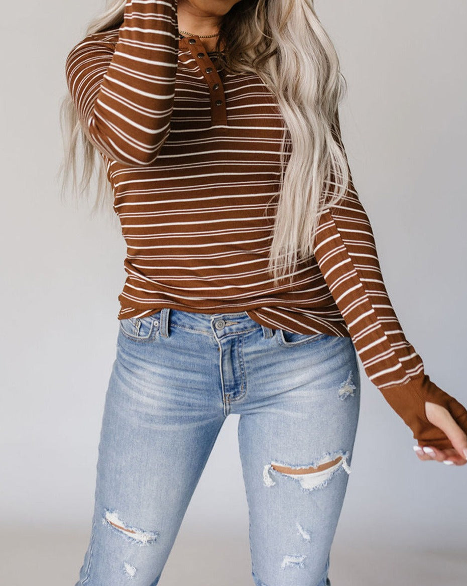 Stripe Thumbhole Sleeve Henley Top