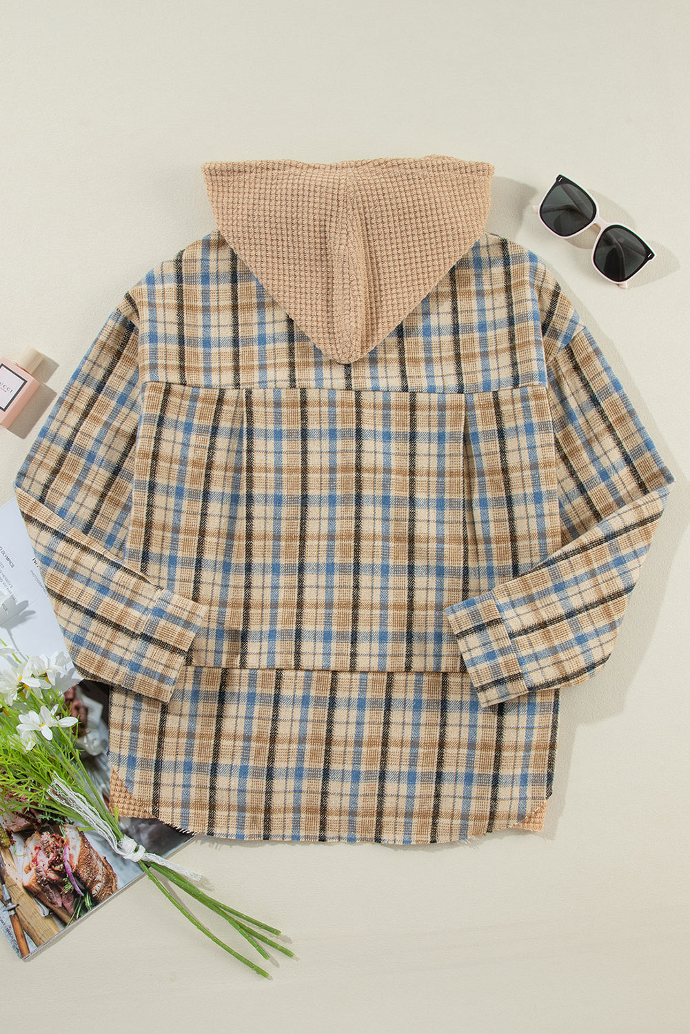 Plaid Waffle Knit Patchwork Shacket