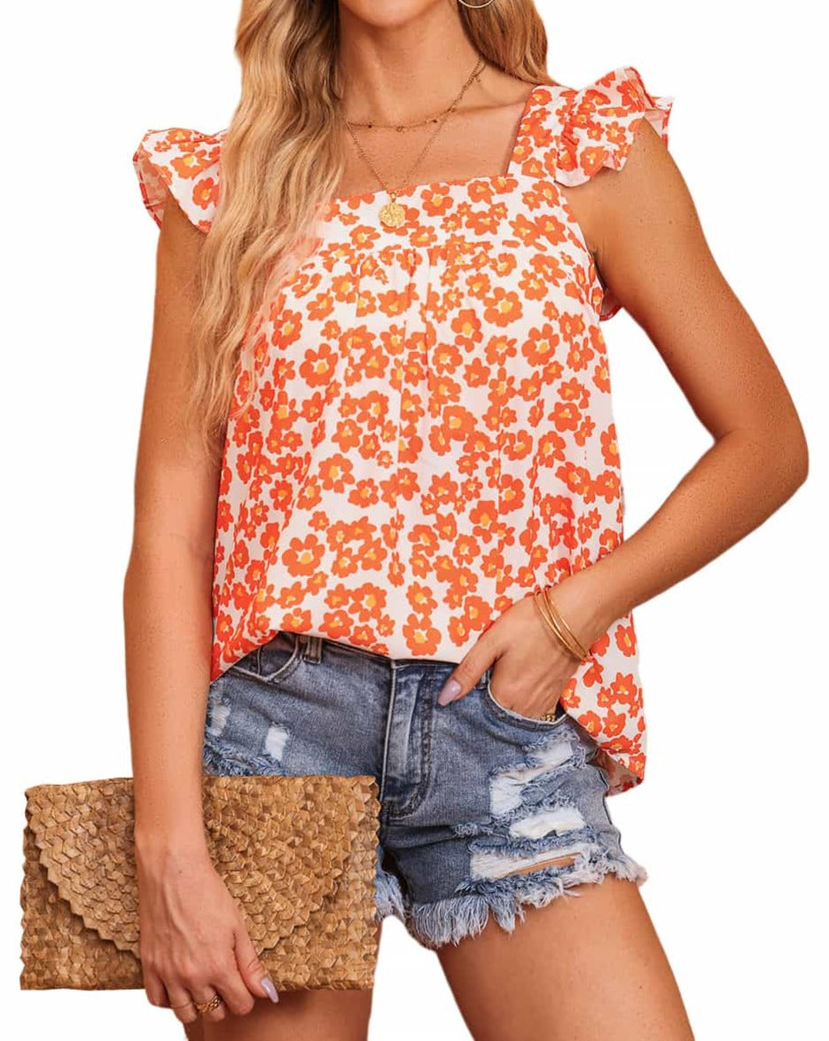 Floral Ruffle Shoulder Tank Top