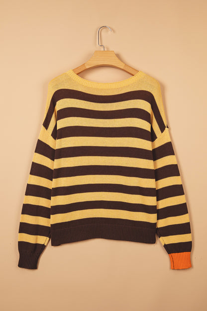 Stripe Colorblock Chest Pocket Drop Shoulder Sweater