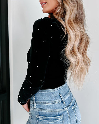 Velvet Beaded Long Sleeve Bodysuit