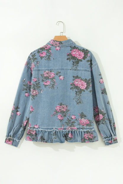 Floral Denim Raw Seam Ruffle Hem Jacket
