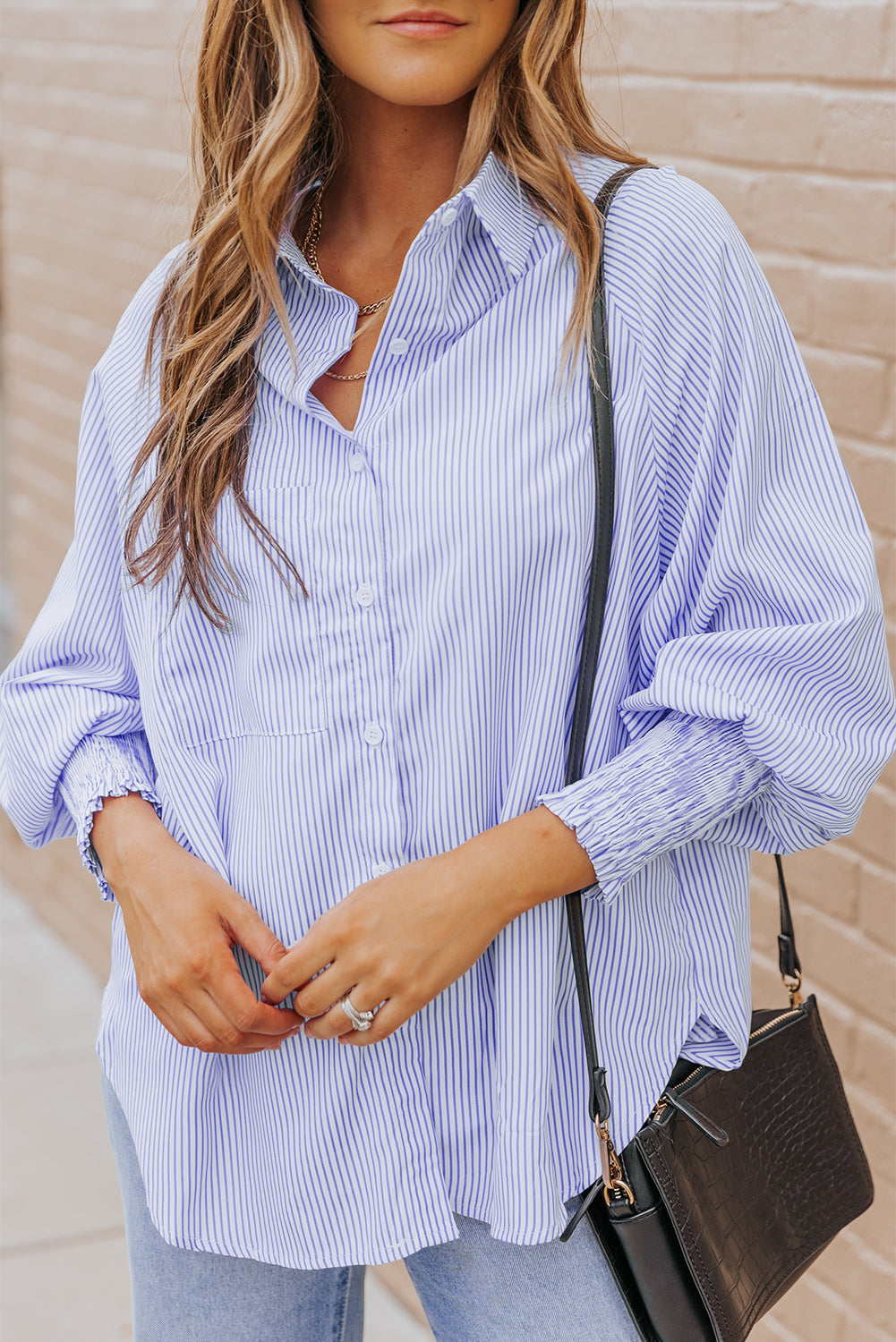 Stripe Smocked Long Sleeve Button-Up Shirt