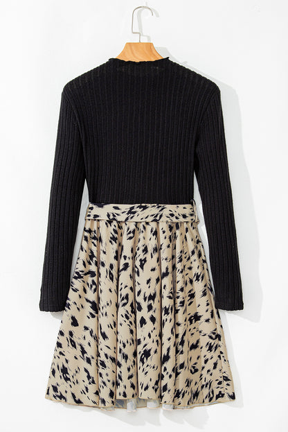Leopard Patchwork Ribbed Knit Belted Dress