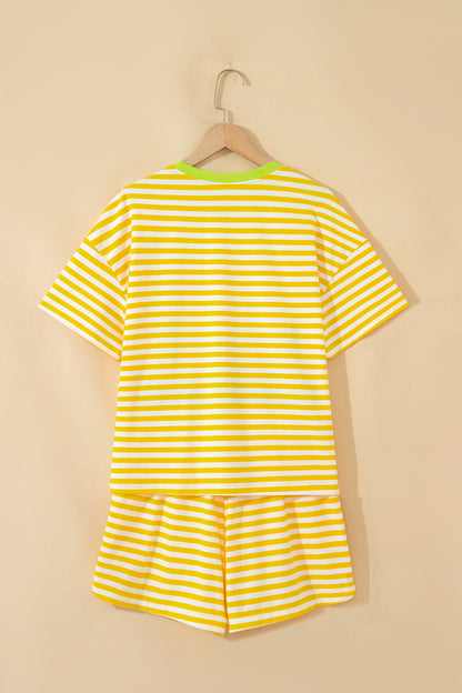Stripe Contrast Trim Tee & Drawstring Shorts Set