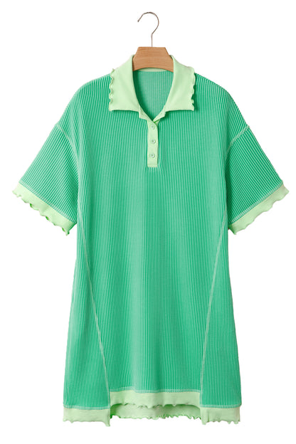Colorblock Corded Knit Oversized Polo T-Shirt Dress