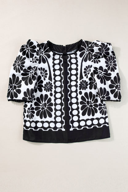 Geometric Floral Puff Sleeve Blouse