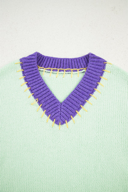 Colorblock Stitched V-Neck Drop Shoulder Sweater