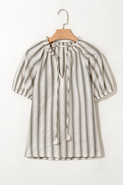 Stripe Frilled Tie-Neck Short Sleeve Blouse