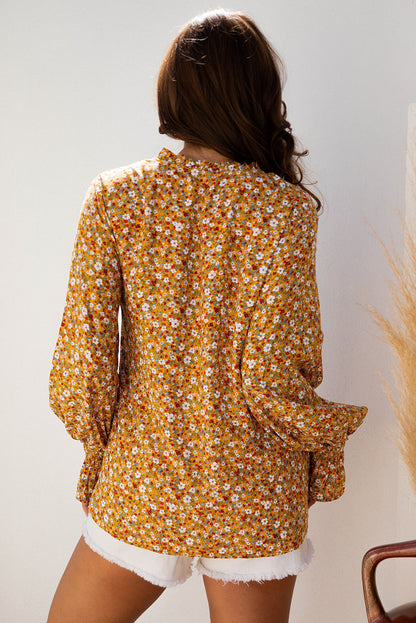 Boho Floral Ruffle Bubble Sleeve V-Neck Blouse