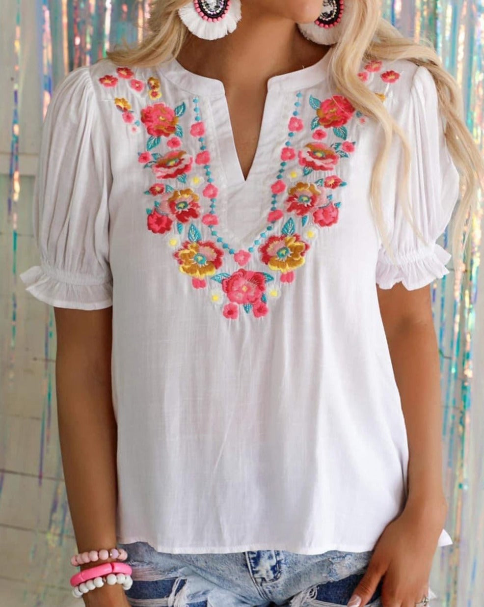 Floral Embroidered Ruffle Blouse