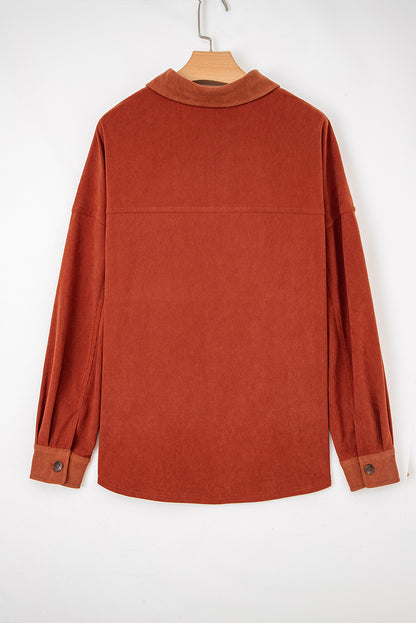 Velvet Button-Up Flap Pocket Drop Shoulder Shacket