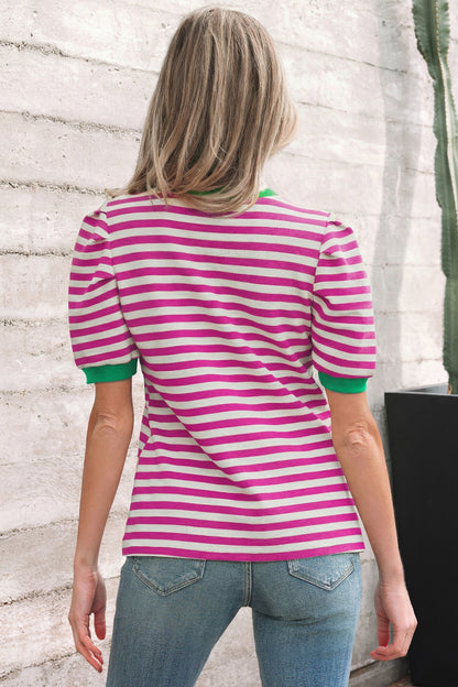 Stripe Contrast Trim Short Puff Sleeve Tee