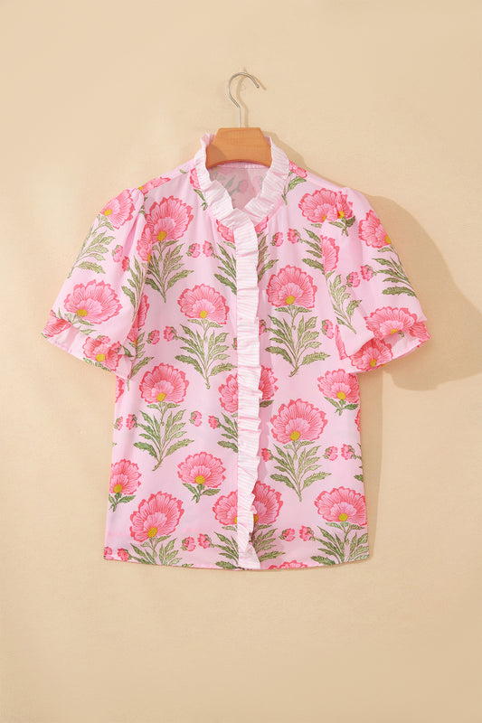 Floral Ruffle Stripe Trim Puff Sleeve Shirt