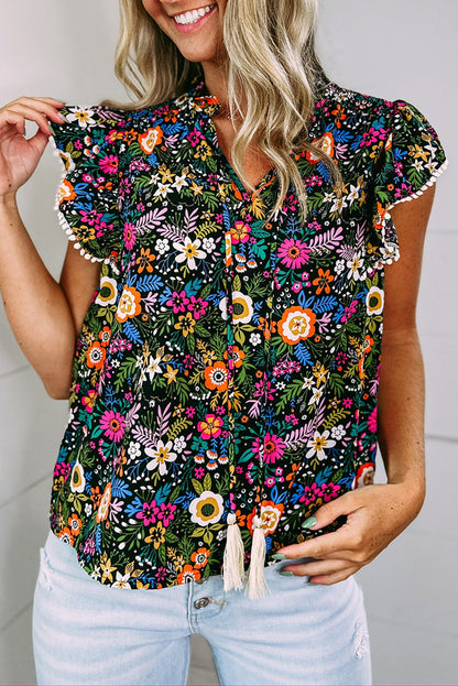 Floral Flutter Sleeve Tassel Tie Blouse