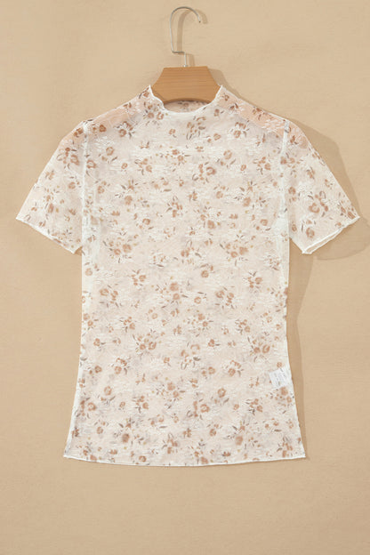Floral Mesh Mock Neck Short Sleeve Top