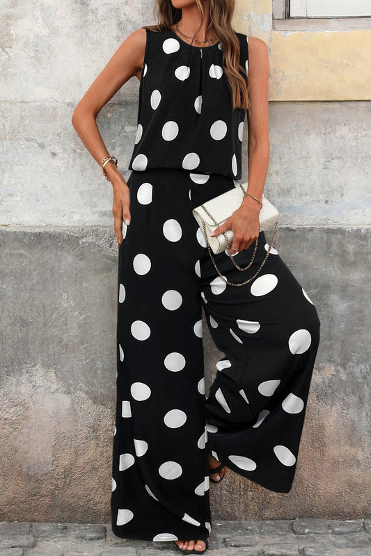 Polka Dot Pleated Tank & Wide Leg Pant Set
