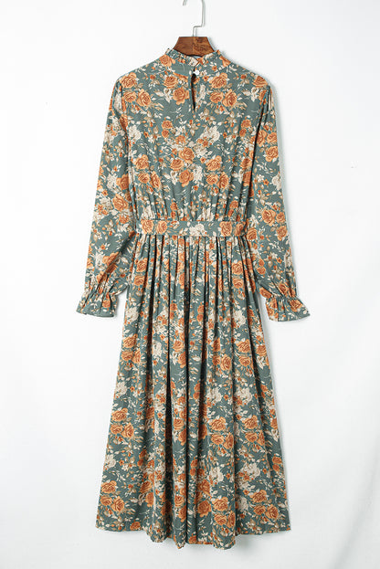 Floral Pleated Long Sleeve Maxi Dress