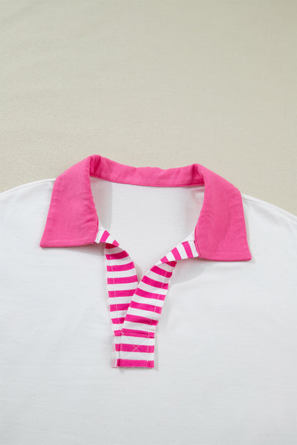 Stripe Coloblock Patchwork Polo Collar 3/4 Sleeve Tee