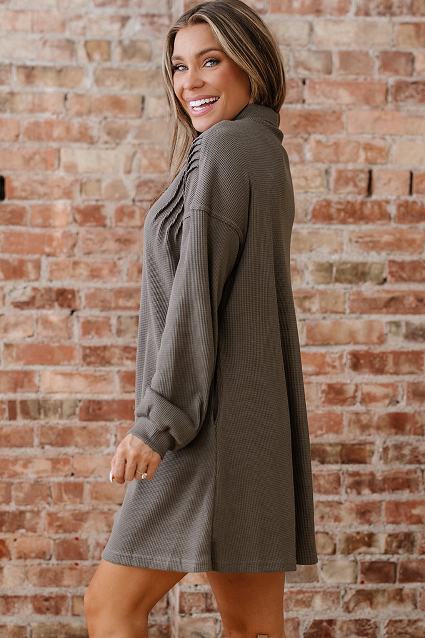 Waffle Knit Pleated Drop Shoulder Shirt Dress