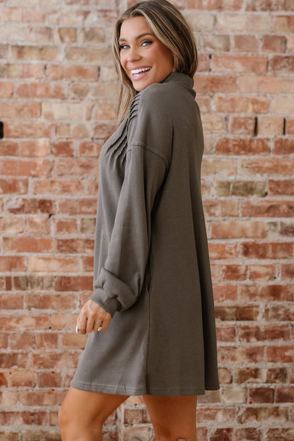 Waffle Knit Pleated Drop Shoulder Shirt Dress