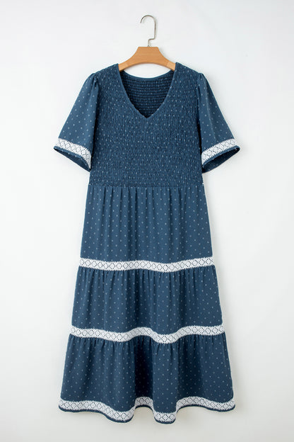 Plus Size Swiss Dot Lace Trim Flared Midi Dress