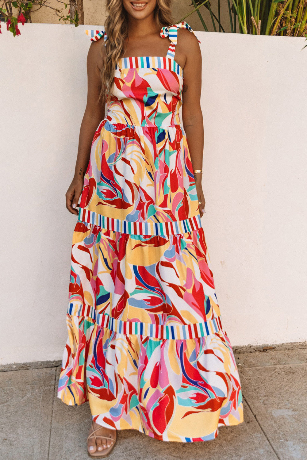 Abstract Stripe Trim Maxi Sundress