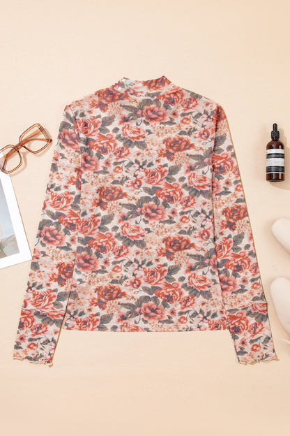 Floral Mesh Mock Neck Long Sleeve Top