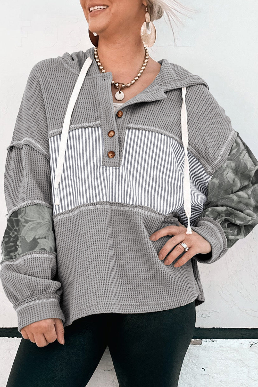 Stripe Waffle Patchwork Hooded Long Sleeve Top