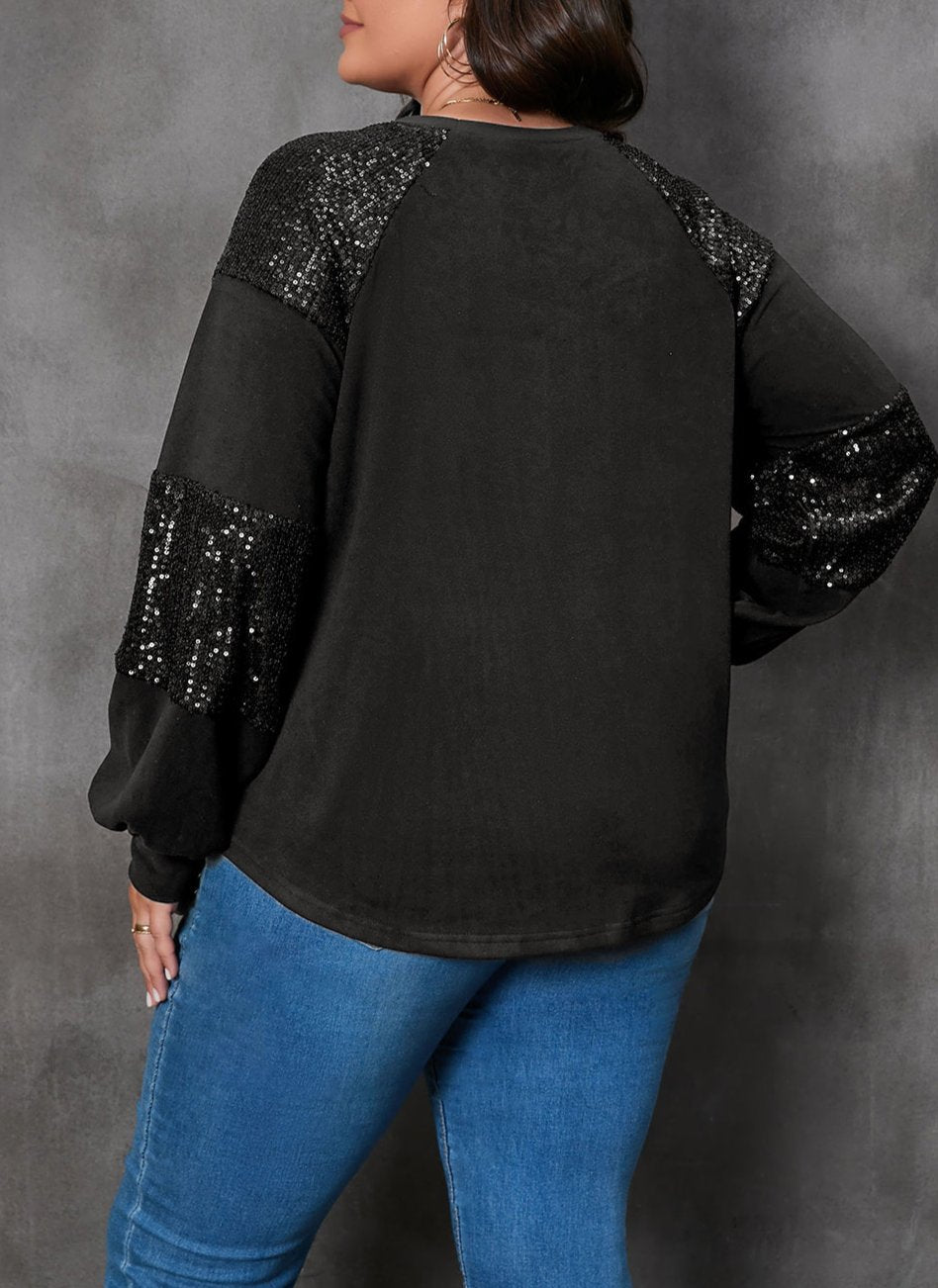 Plus Size Sequin Patchwork Long Sleeve Top