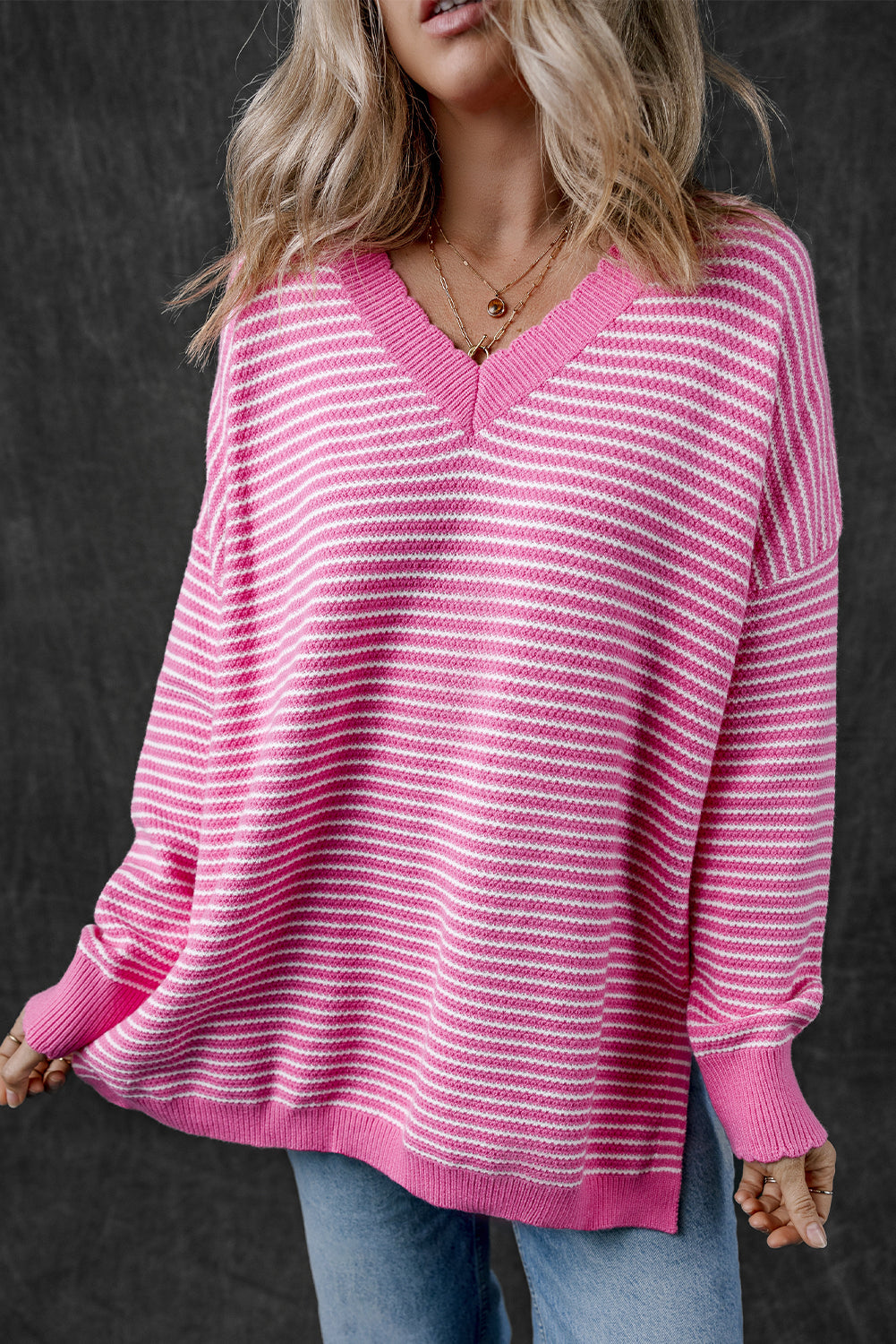 Stripe Drop Shoulder V-Neck Sweater