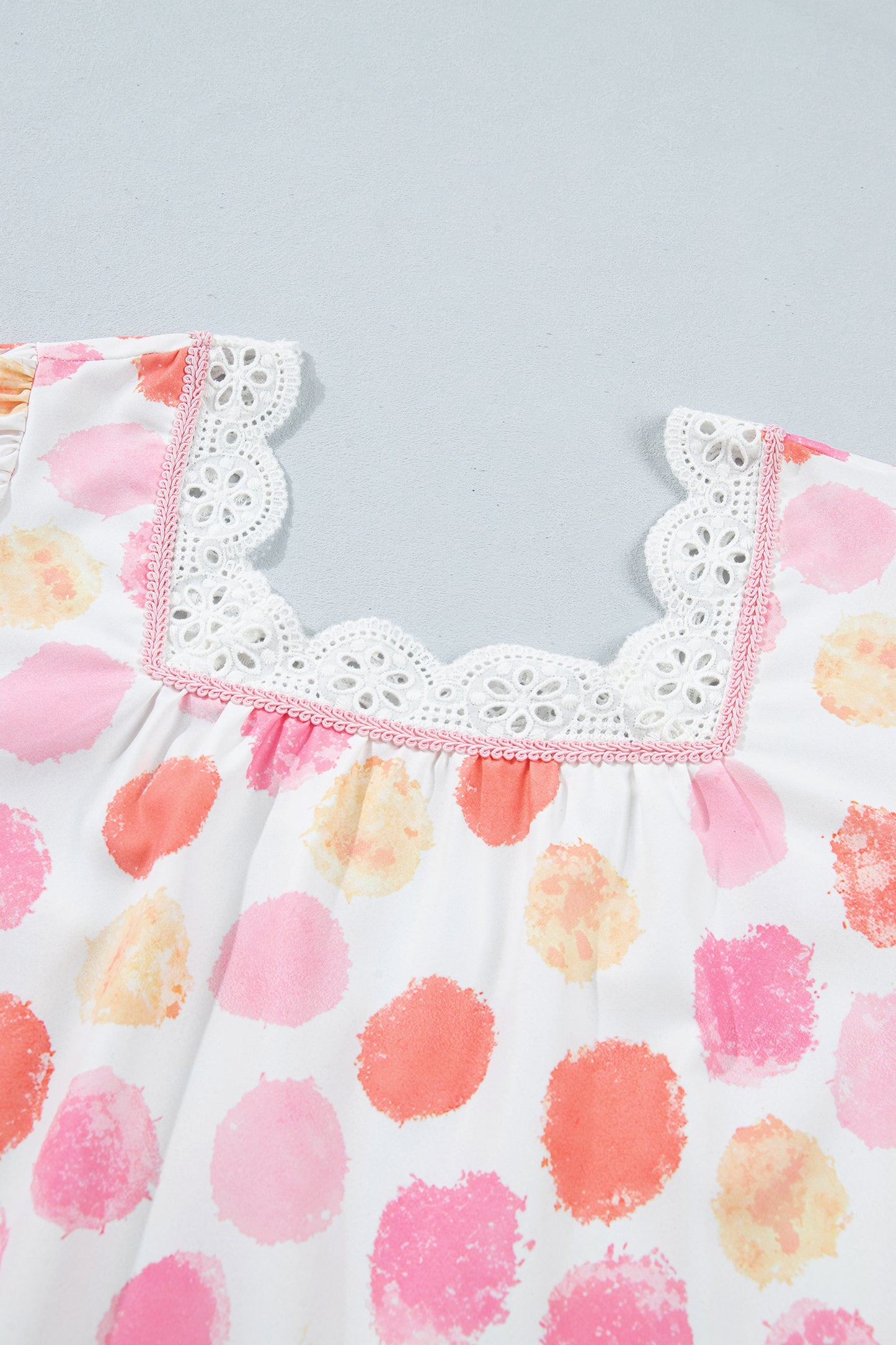 Polka Dot Lace Trim Square Neck Puff Sleeve Blouse
