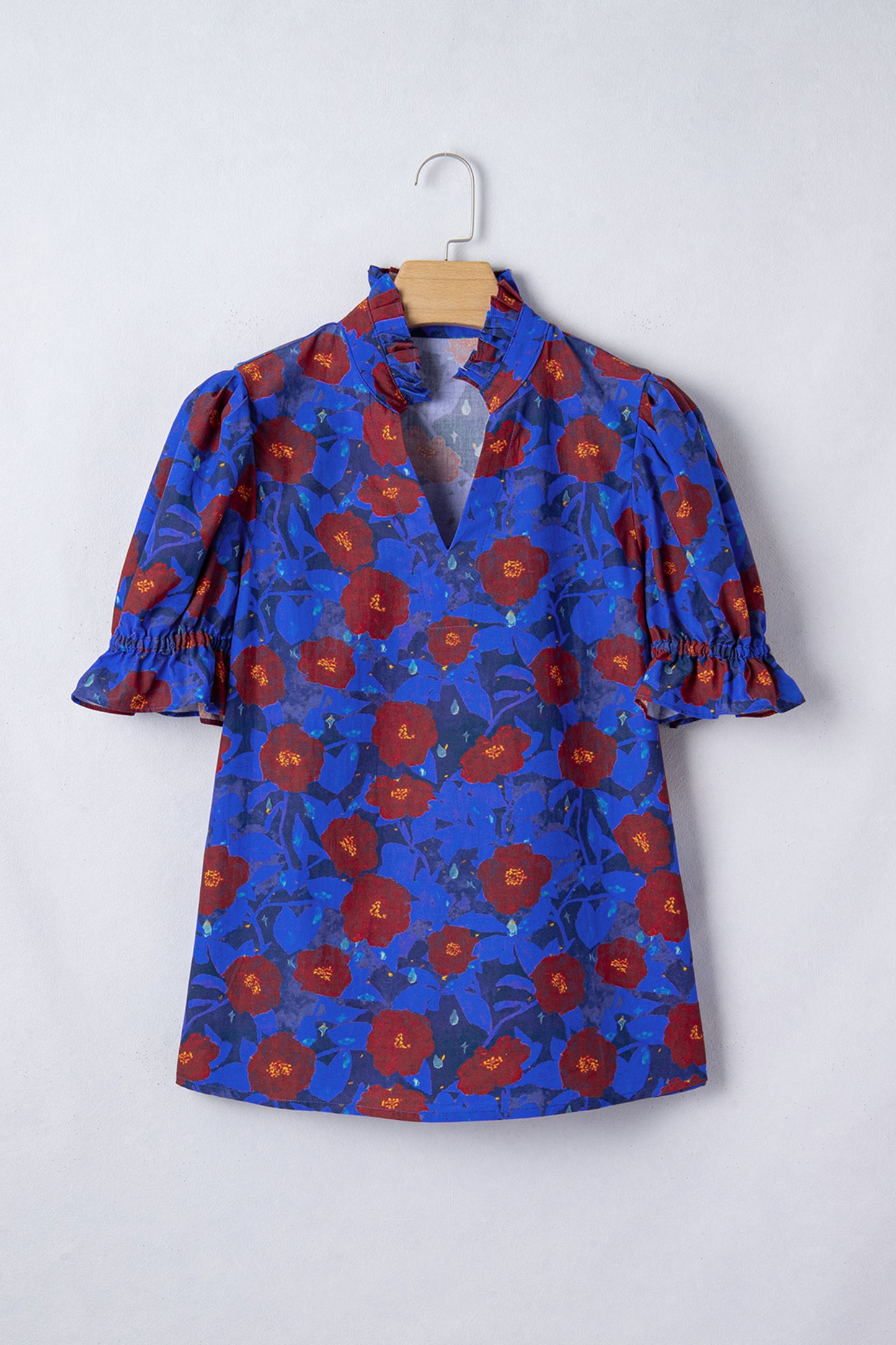 Floral Ruffle Frilled V-Neck Balloon Sleeve Blouse