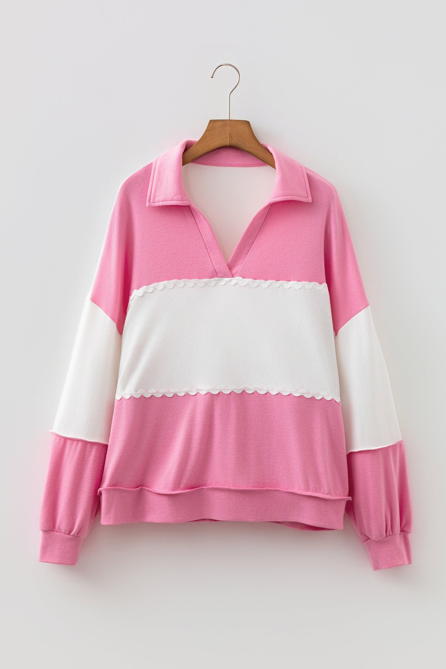 Colorblock Ricrac Trim Collared V-Neck Long Sleeve Top