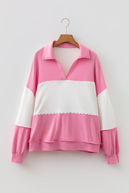 Colorblock Ricrac Trim Collared V-Neck Long Sleeve Top