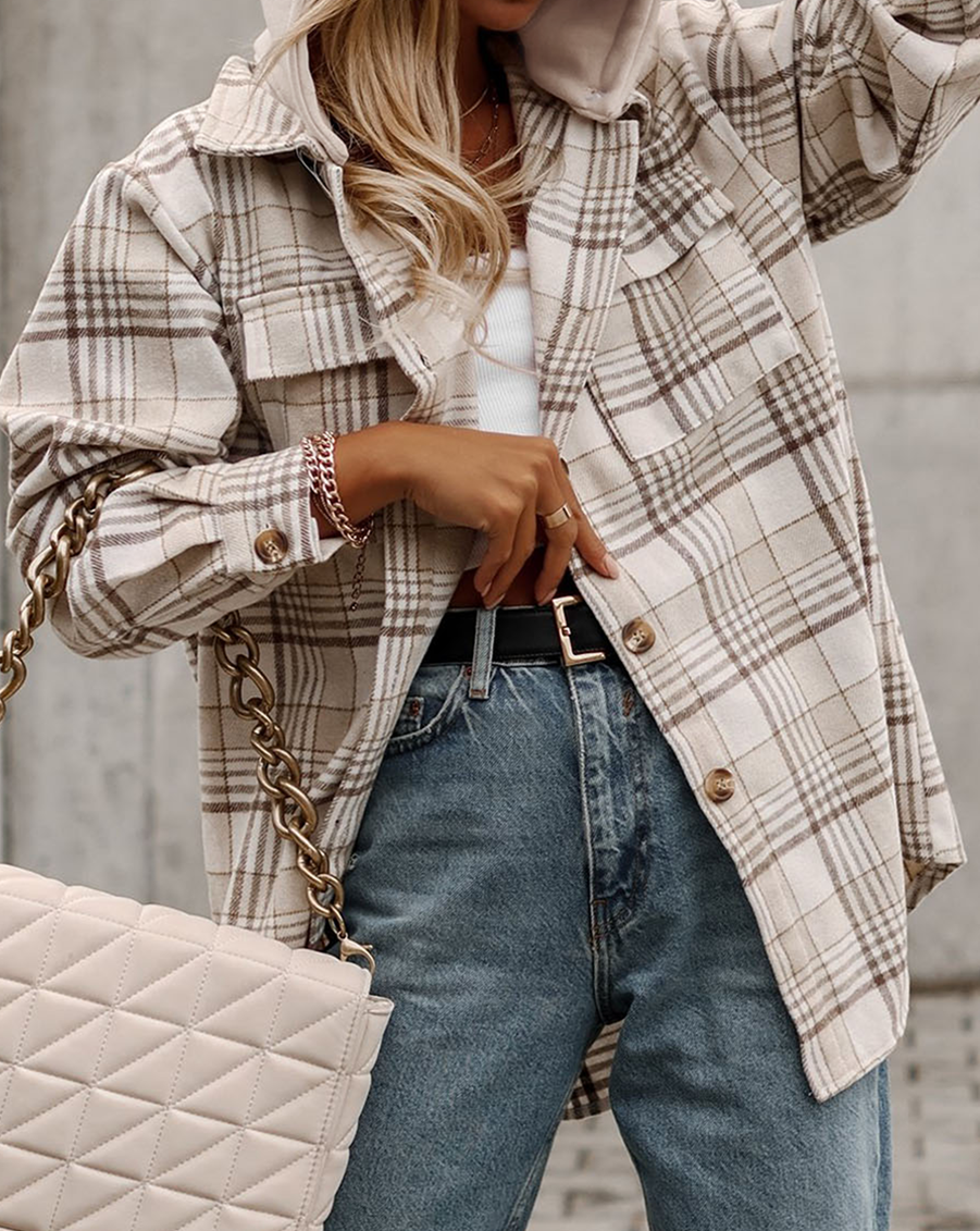 Plaid Removable Hood Buttoned Shacket