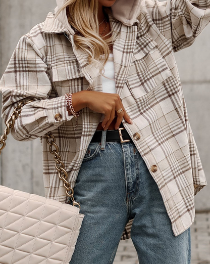 Plaid Removable Hood Buttoned Shacket