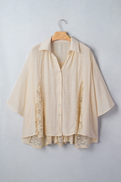 Sheer Lace Patchwork 3/4 Sleeve Flowy Shirt