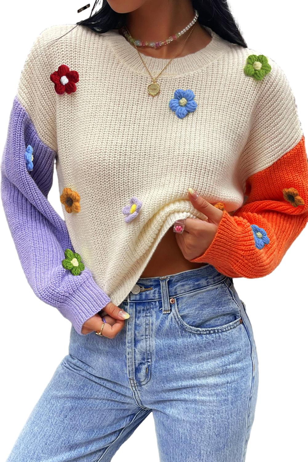 Floral Applique Colorblock Sweater