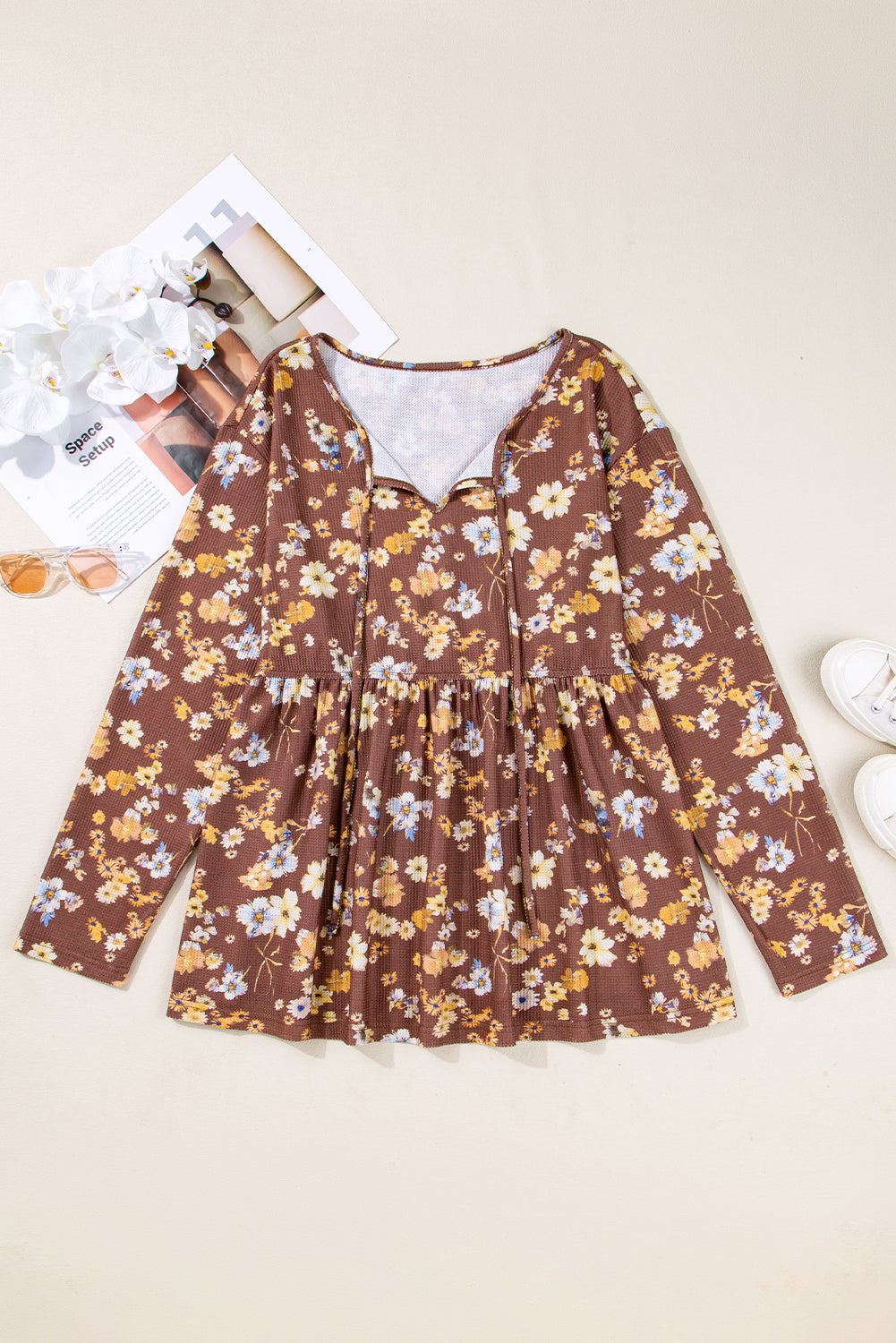 Plus Size Floral Textured Tied Neck Babydoll Blouse