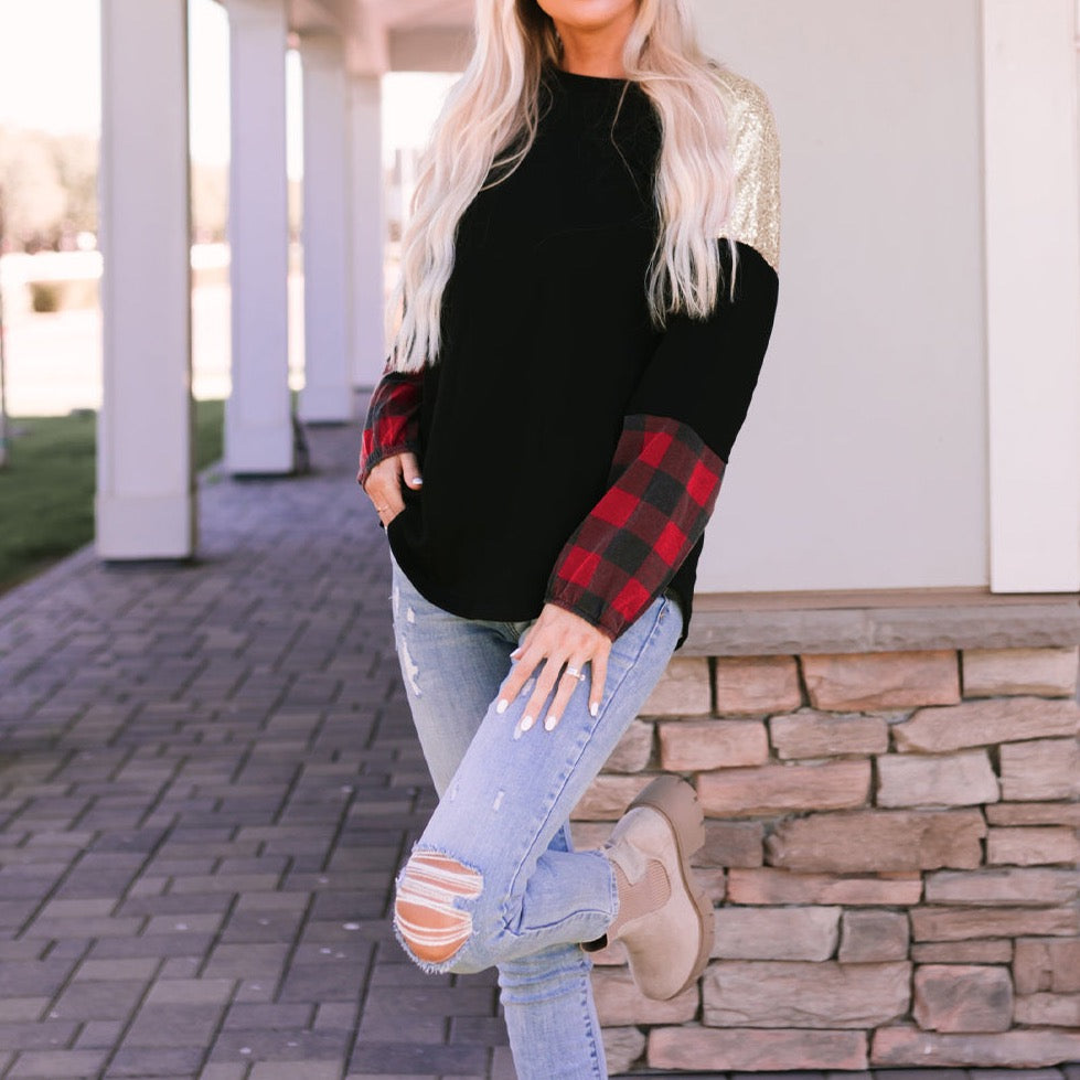 Sequin Plaid Patchwork Crewneck Blouse