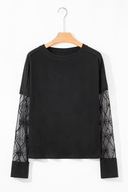 Bow Mesh Patchwork Long Sleeve Tee