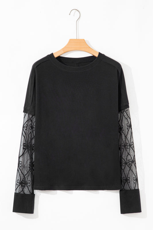 Bow Mesh Patchwork Long Sleeve Tee