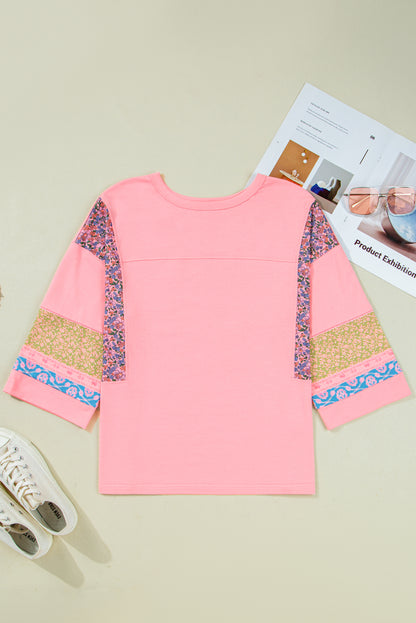 Floral Colorblock Patchwork 3/4 Sleeve Top