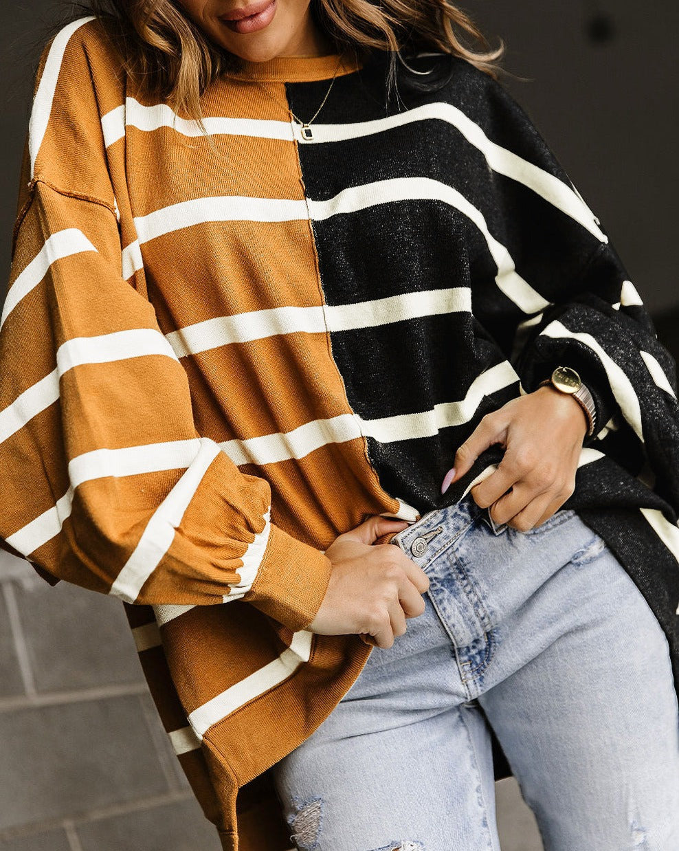 Stripe Colorblock Dropped Shoulder Top